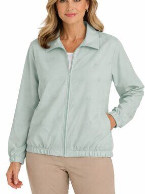 Alfred Dunner Lt Sage Green Floral Embroidered Lightweight Zip Up 12 Jacket